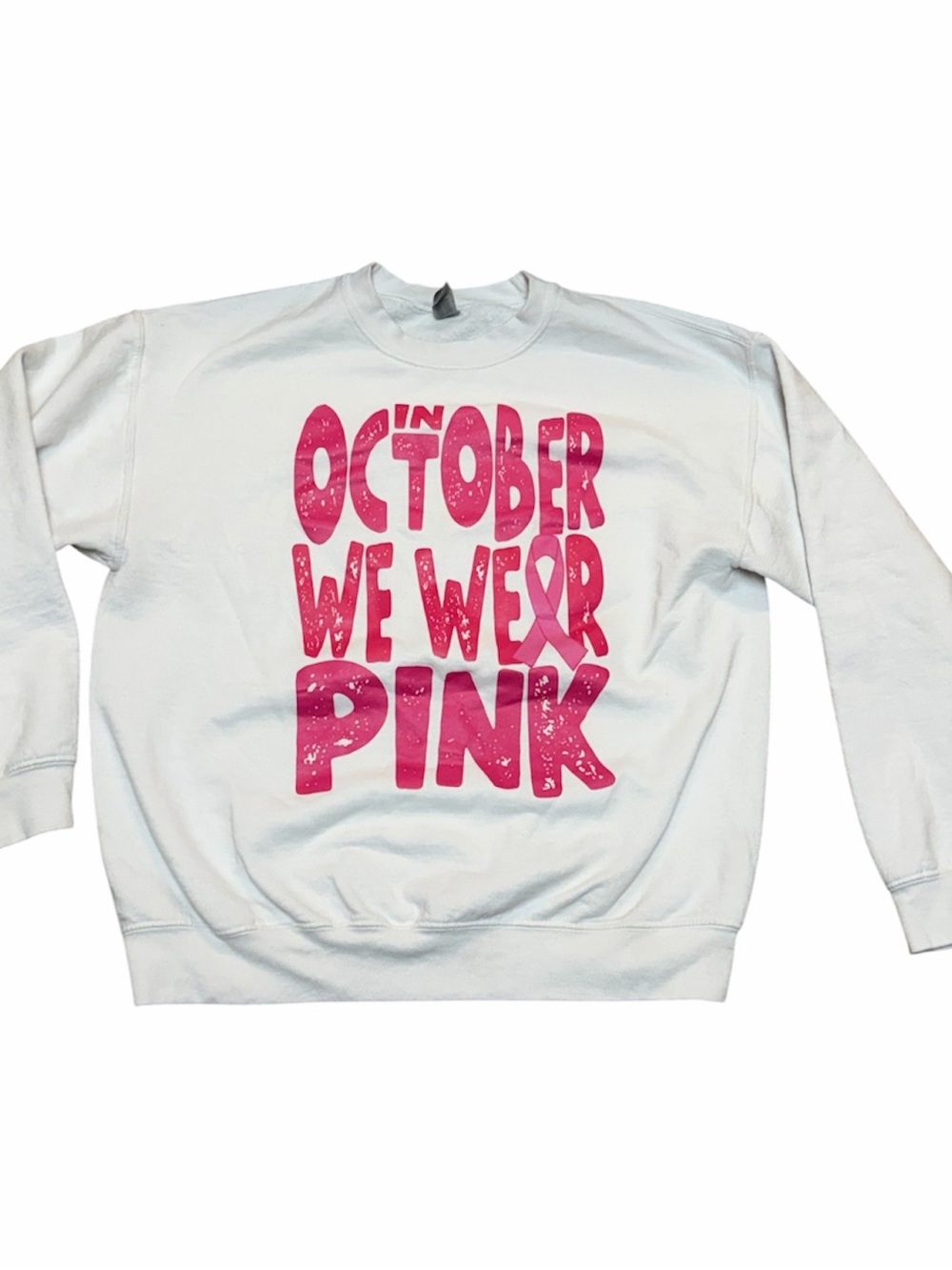 Gildan White Crewneck Sweatshirt with Pink 'In October We Wear Pink' Graphic